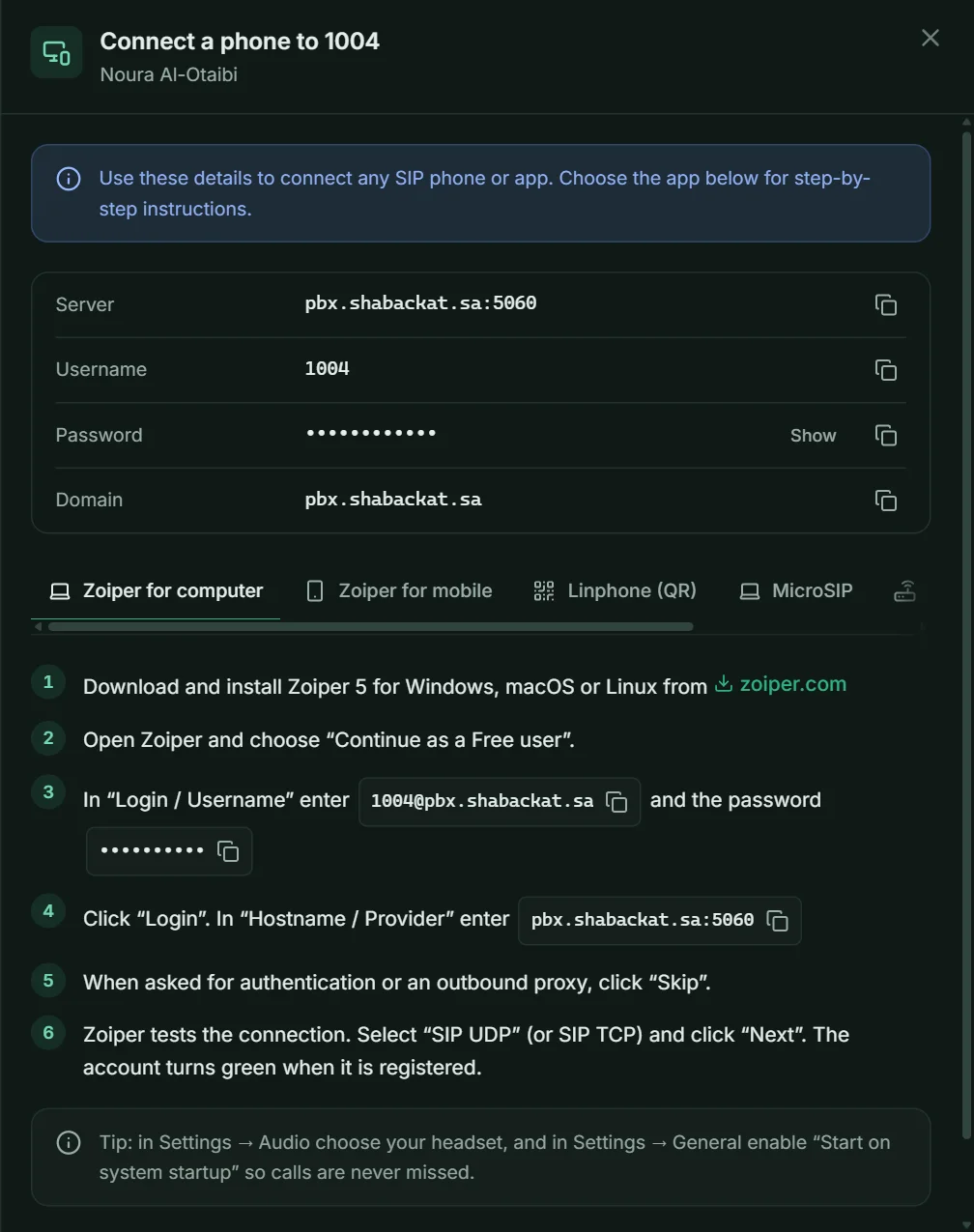 Connect a phone. The password stays hidden until you press Show.
