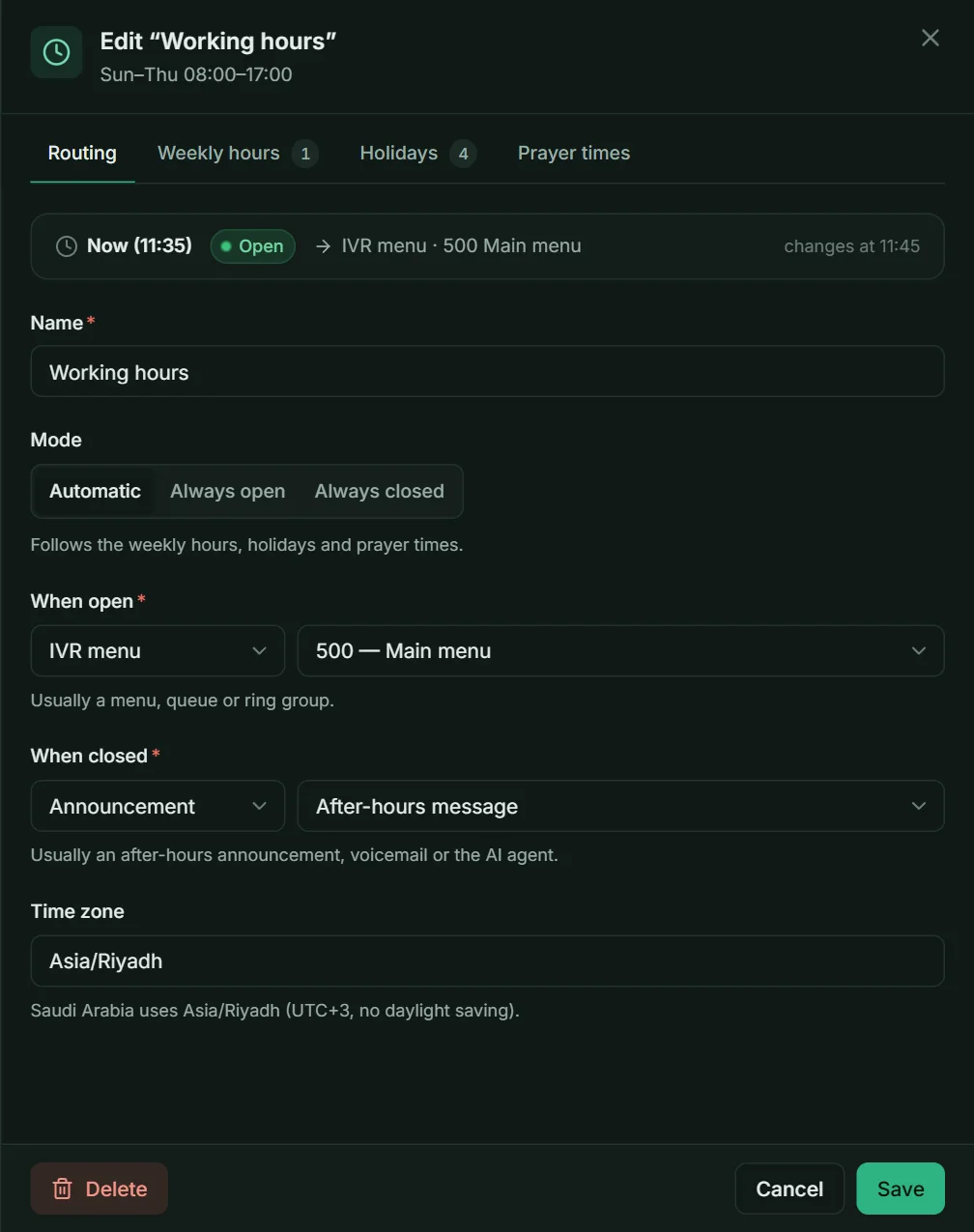 The Routing tab. Mode can also force the schedule to Always open or Always closed, for example on an unplanned day off.