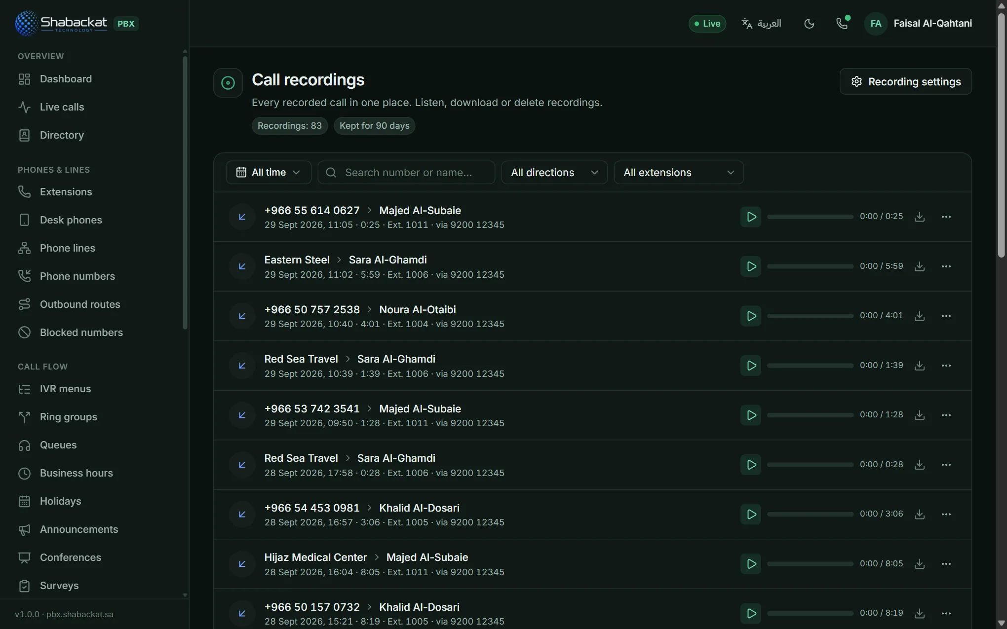 Recordings, filtered by direction and extension.