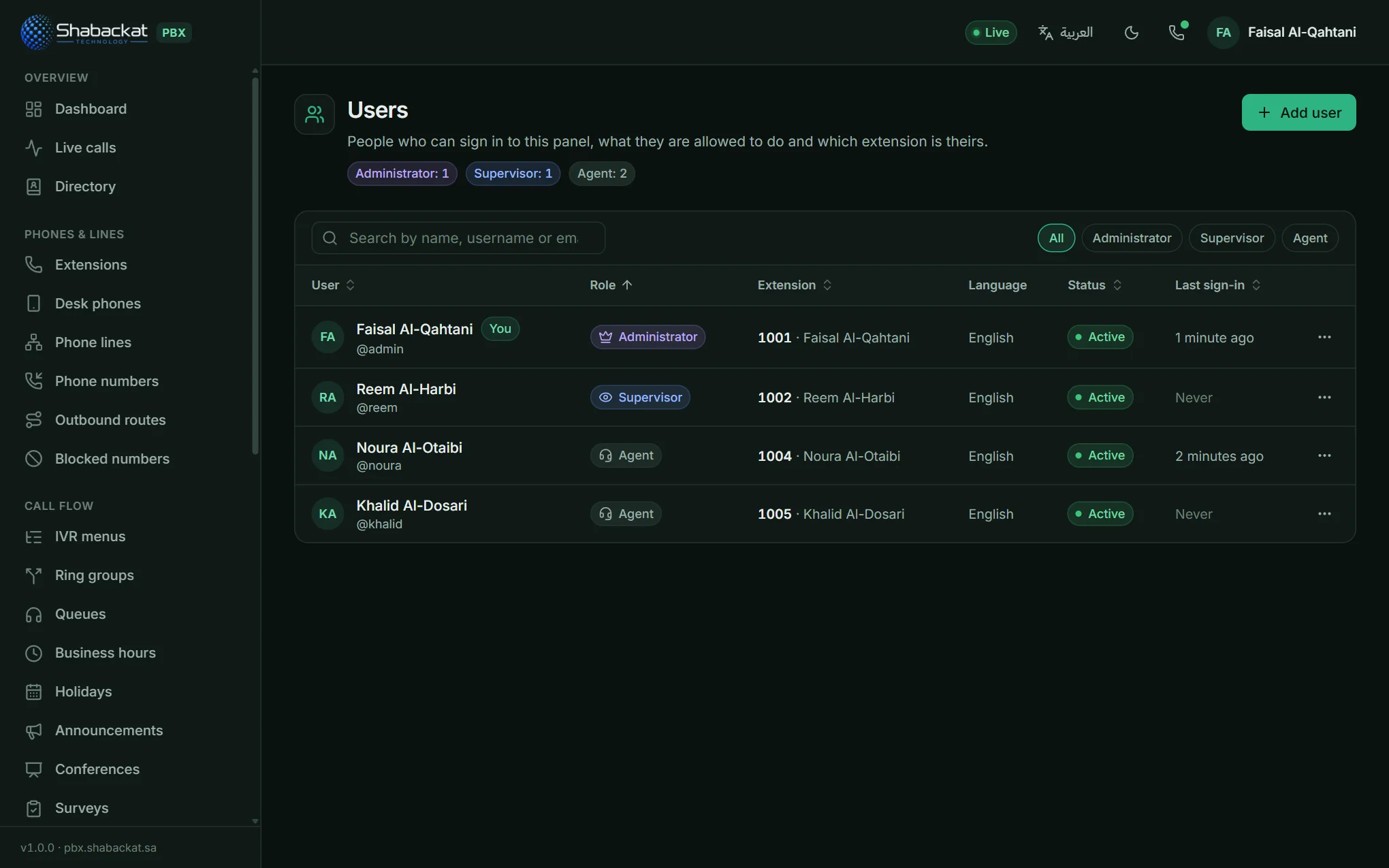 Users with their role, linked extension, language and last sign-in.