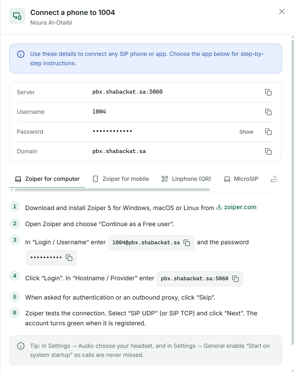 Connect a phone. The password stays hidden until you press Show.