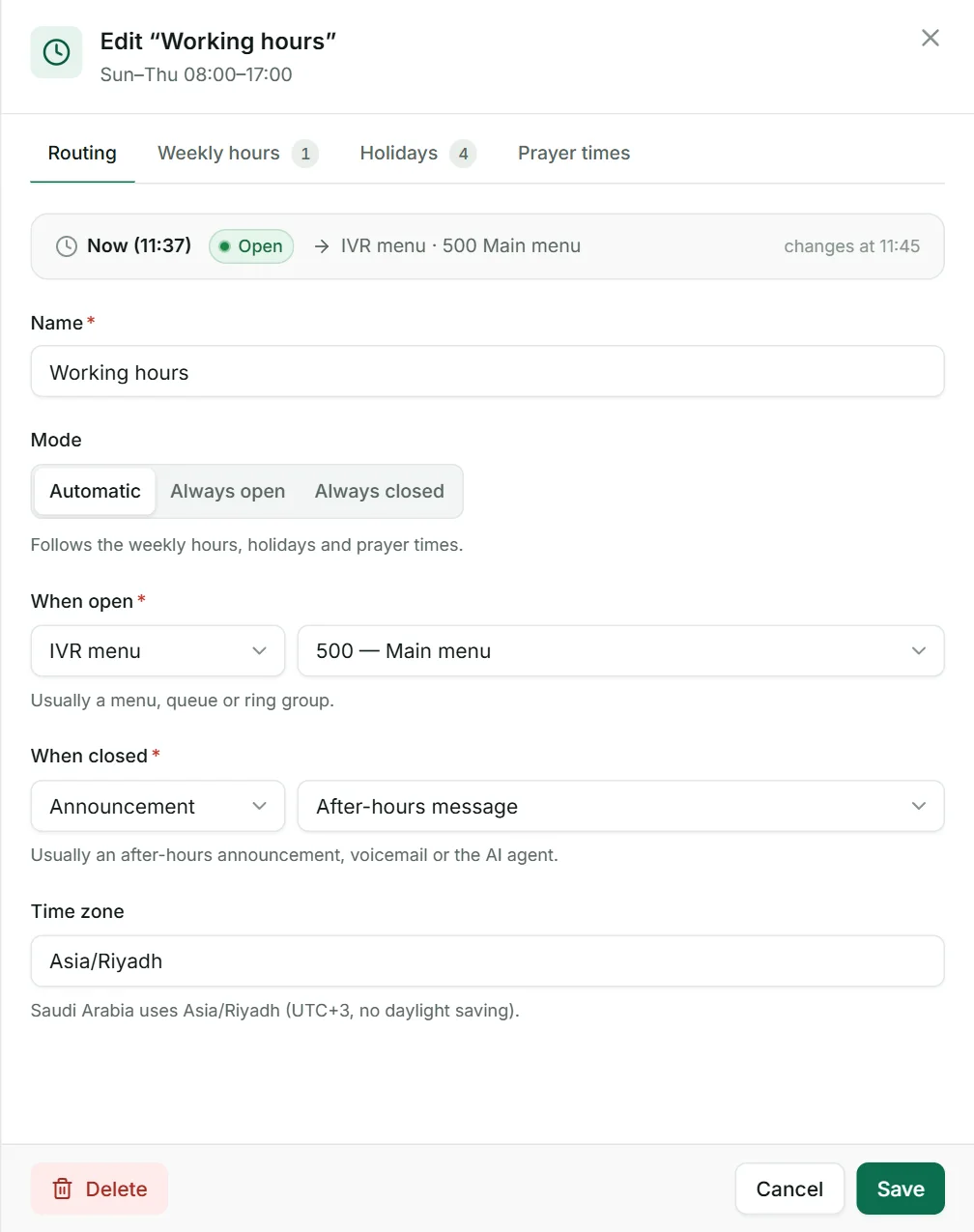 The Routing tab. Mode can also force the schedule to Always open or Always closed, for example on an unplanned day off.