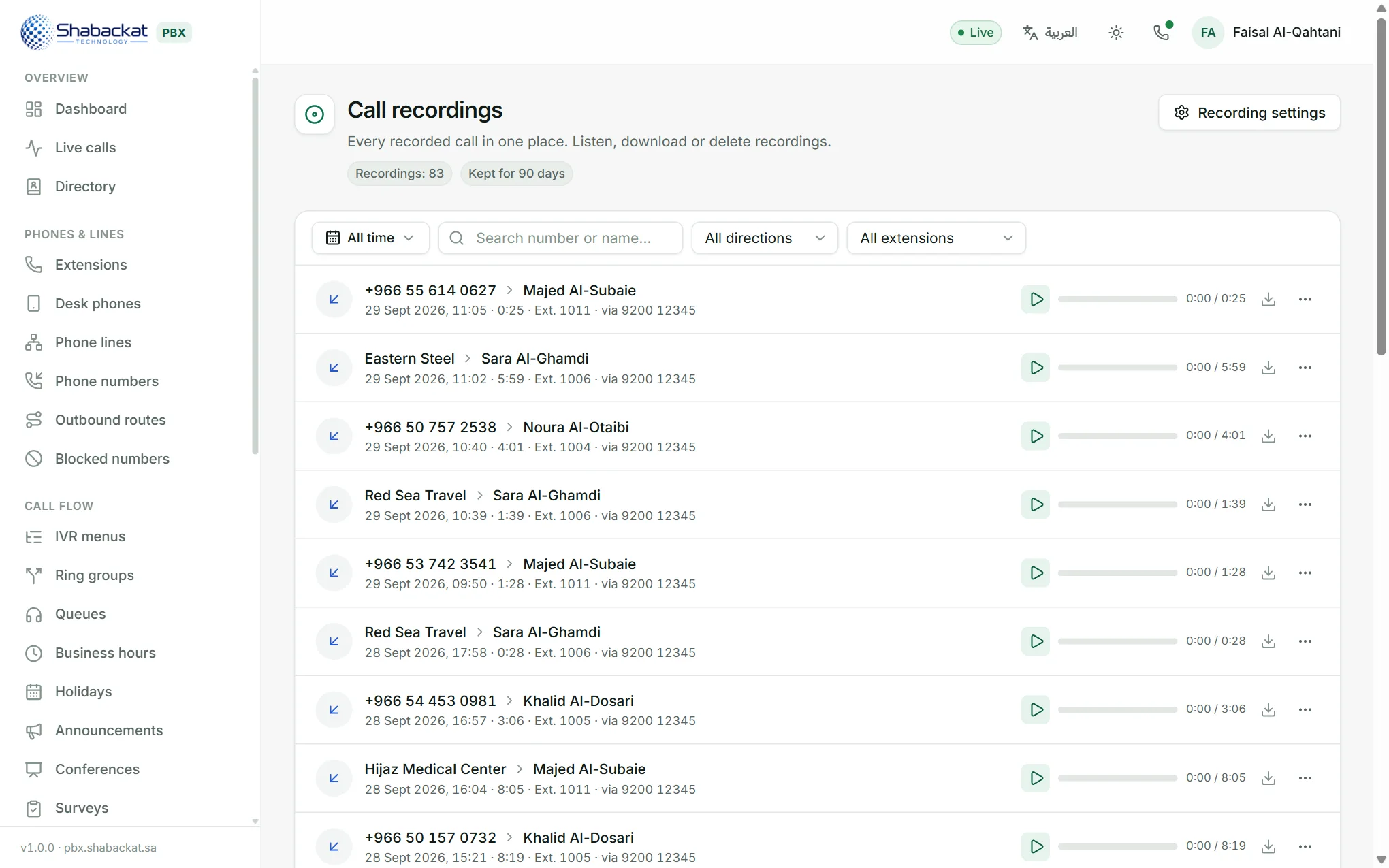 Recordings, filtered by direction and extension.