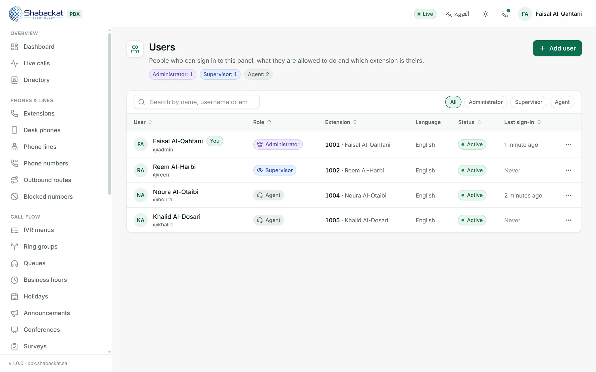 Users with their role, linked extension, language and last sign-in.